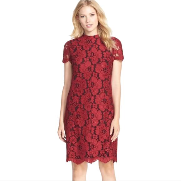 BETSEY JOHNSON MOCK NECK SHORT SLEEVE LACE Party ShEATH DRESS BURGUNDY Size 2 - Picture 1 of 12